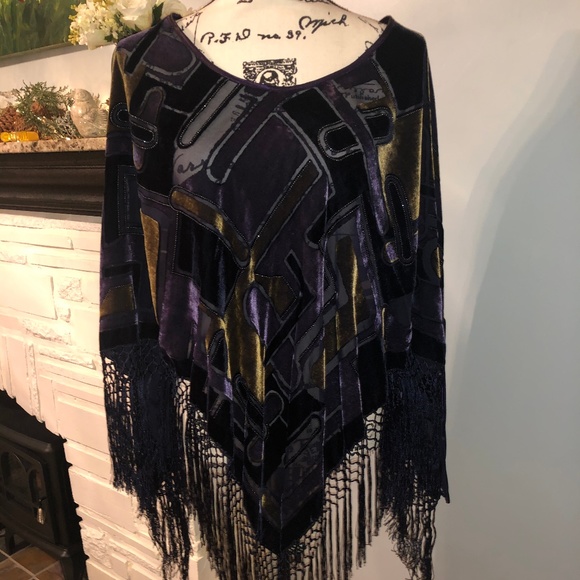 Purple Velvet/Fringe Poncho - Picture 1 of 4